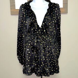 aeon Beautiful Black and Gold Metallic Blouse with Front Belt- Medium